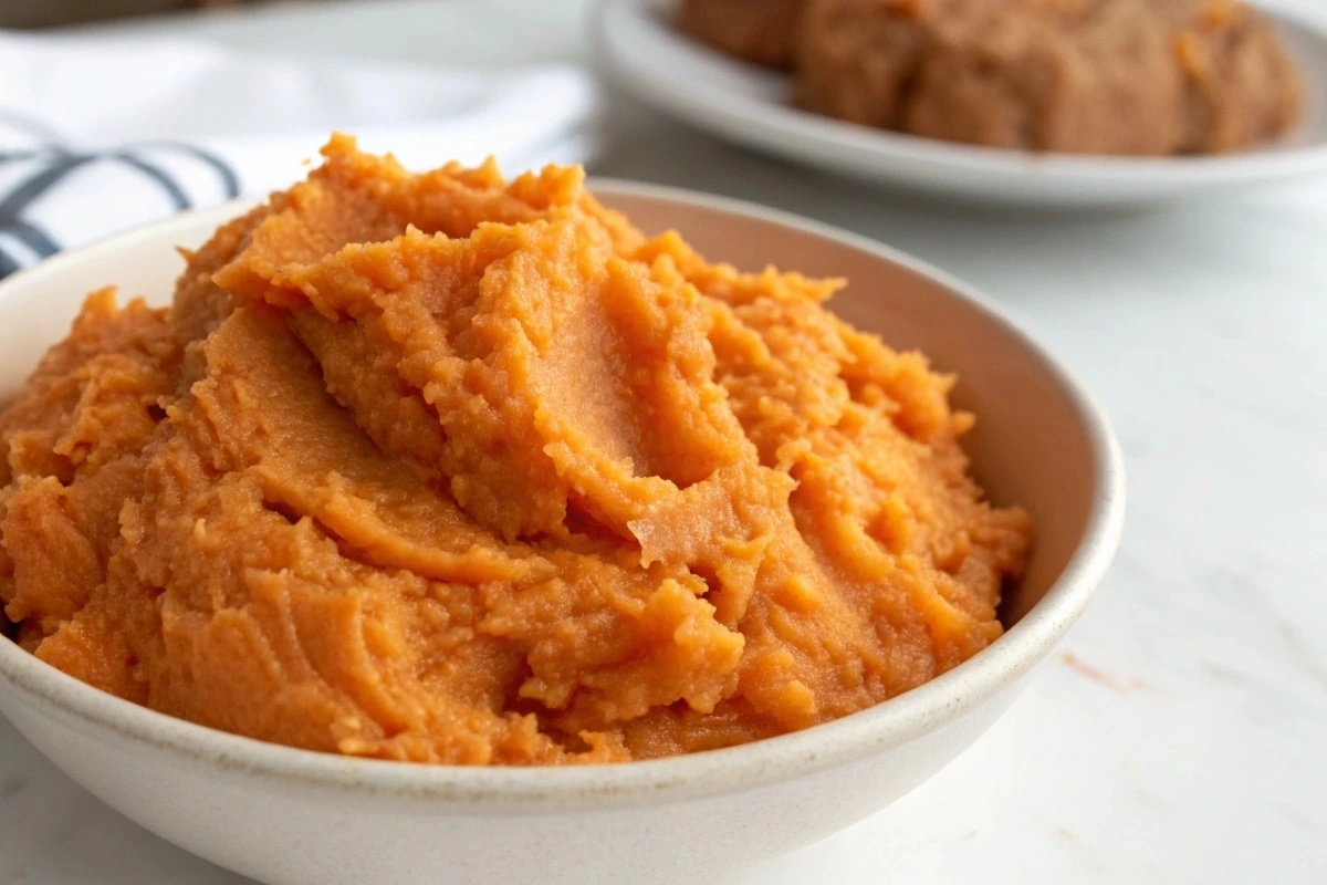 Creamy homemade sweet potato puree in a white bowl