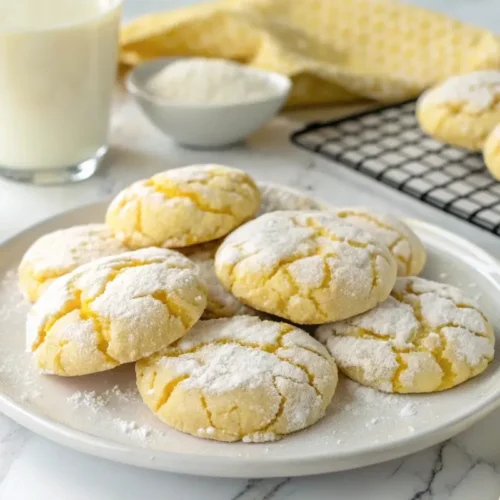 Freshly baked lemon cake mix cookies dusted with powdered sugar