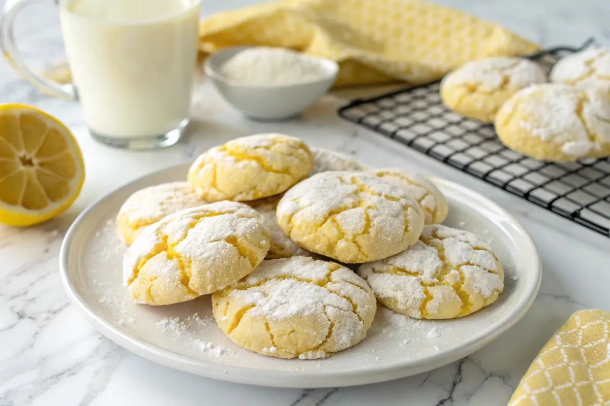 Freshly baked lemon cake mix cookies dusted with powdered sugar