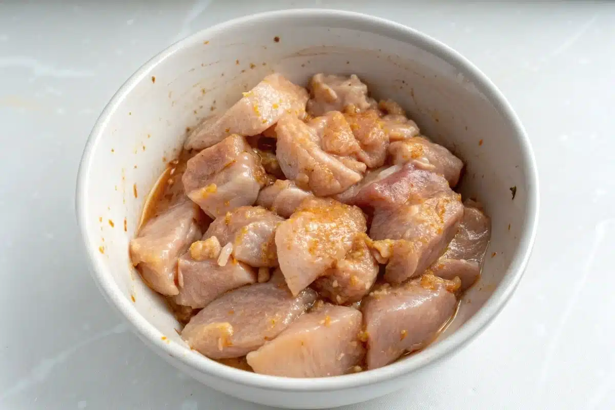 chicken with peanut butter. Raw chicken marinating in a peanut butter sauce in a white bowl