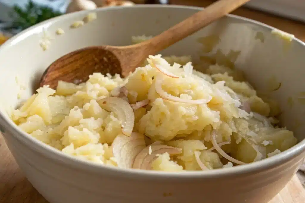 Freshly mashed potatoes with thinly sliced onions in a mixing bowl, ready for making potato kugel.