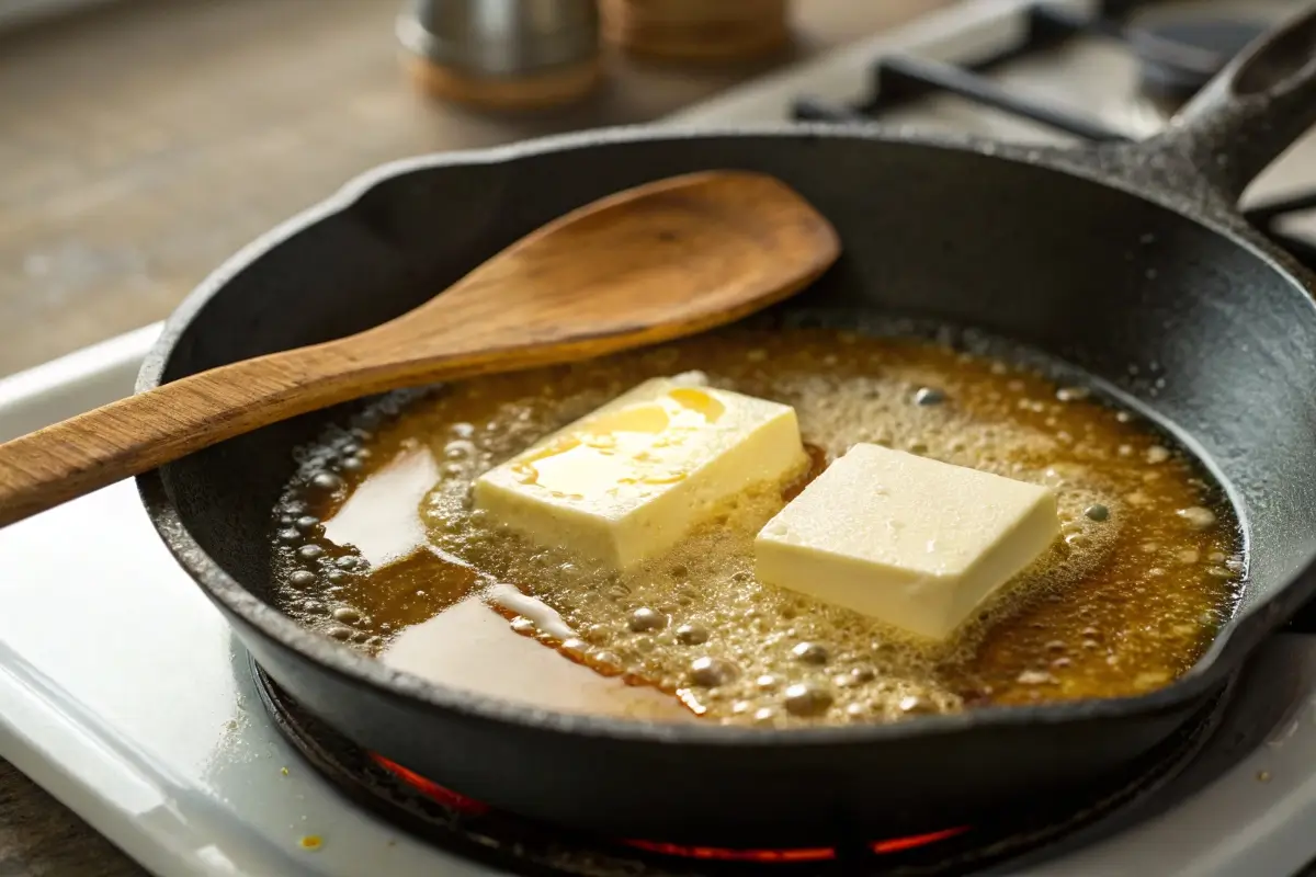 Butter melting in a skillet for a cheesy corn recipe base