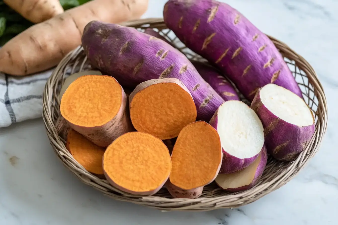 A basket of orange, purple, and white sweet potatoes, sliced open to showcase their vibrant colors and textures.