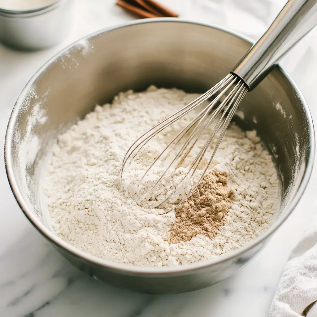 Mixing dry ingredients in a stainless steel bowl with a whisk, including flour and spices.