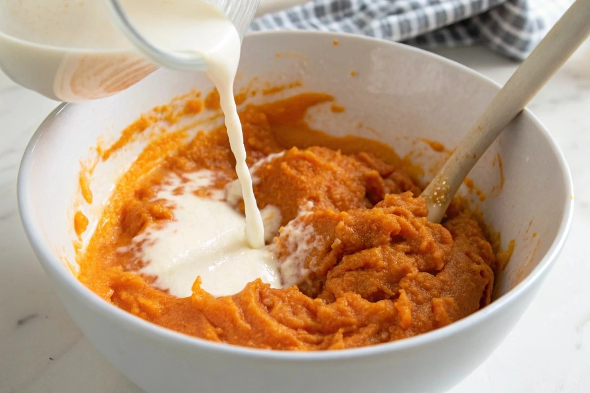 Mixing sweet potato puree with milk in a white bowl for biscuit dough