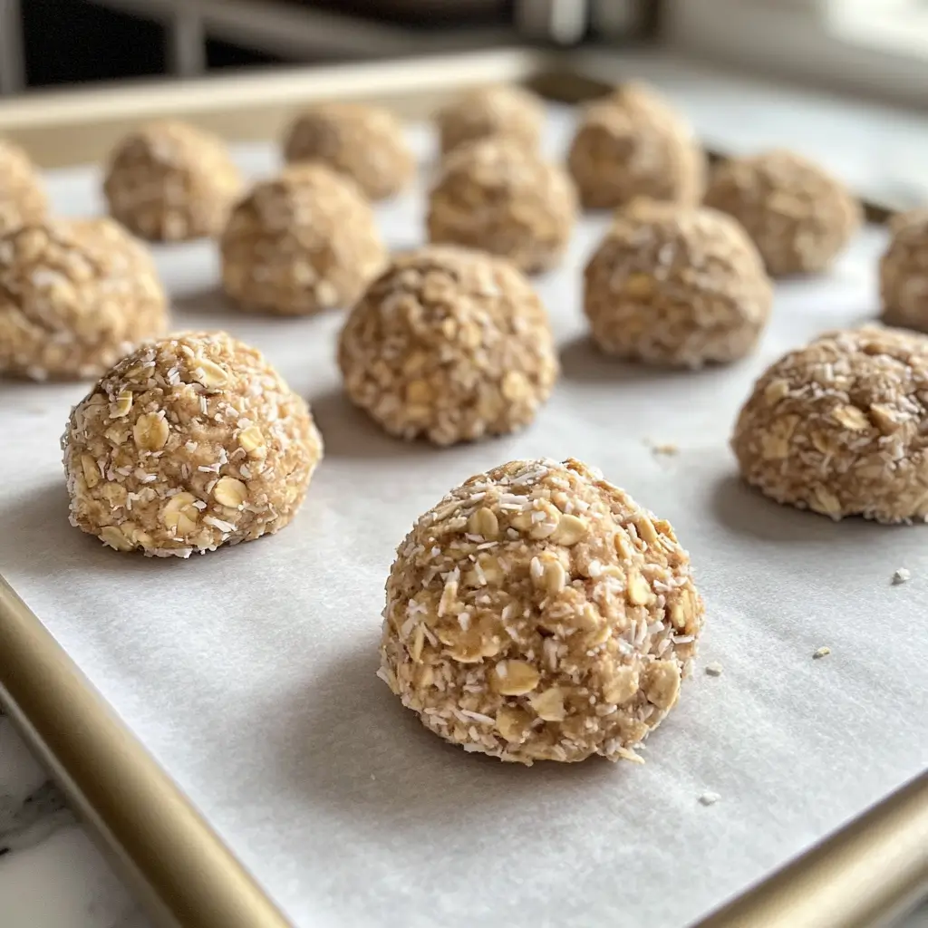 Raw oatmeal coconut cookie dough balls placed on a parchment-lined baking sheet, ready to be baked.