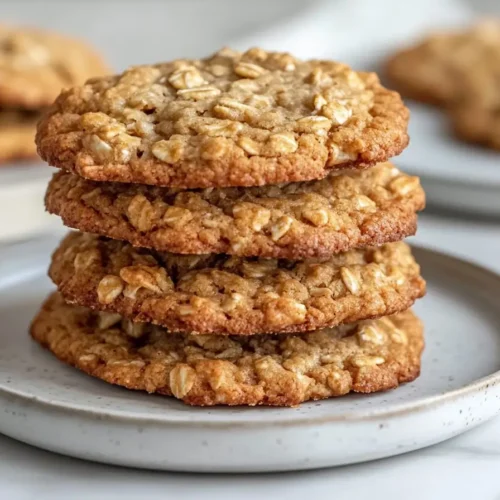 Stack of crispy and chewy oatmeal coconut cookies on a ceramic plate