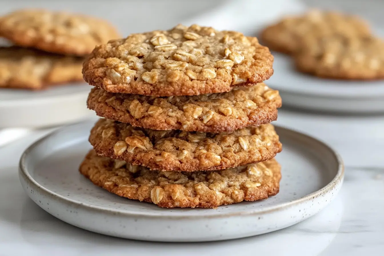 Stack of crispy and chewy oatmeal coconut cookies on a ceramic plate