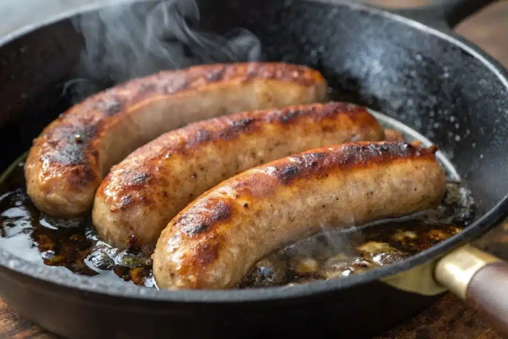 Beef sausages sizzling in a cast-iron skillet