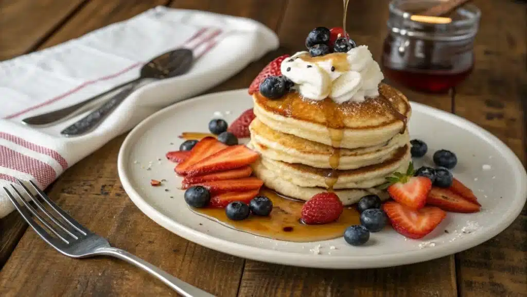 Pancakes with fresh berries and cream.