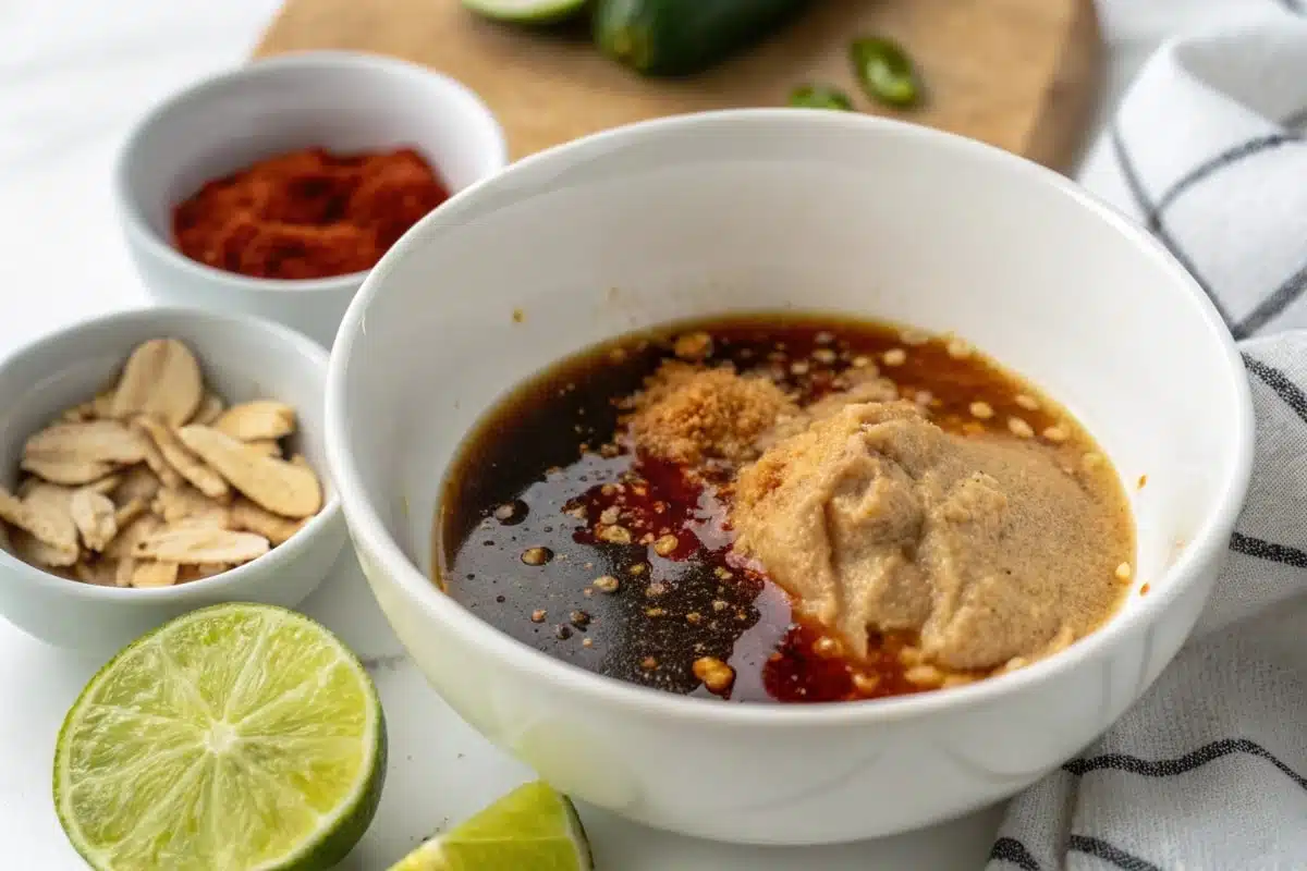 chicken with peanut butter sauce ingredients in a white bowl with lime, peanuts, and spices