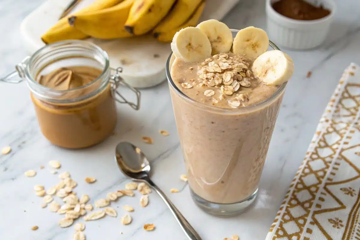 Peanut butter smoothie with banana and gluten-free oats.