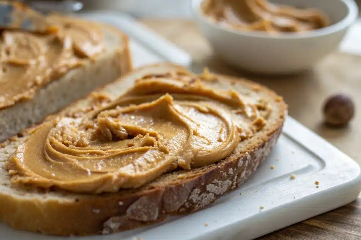 Creamy peanut butter spread on slices of rustic bread