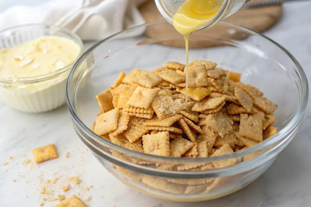 Pouring melted butter over crushed crackers to make the topping for pineapple casserole.