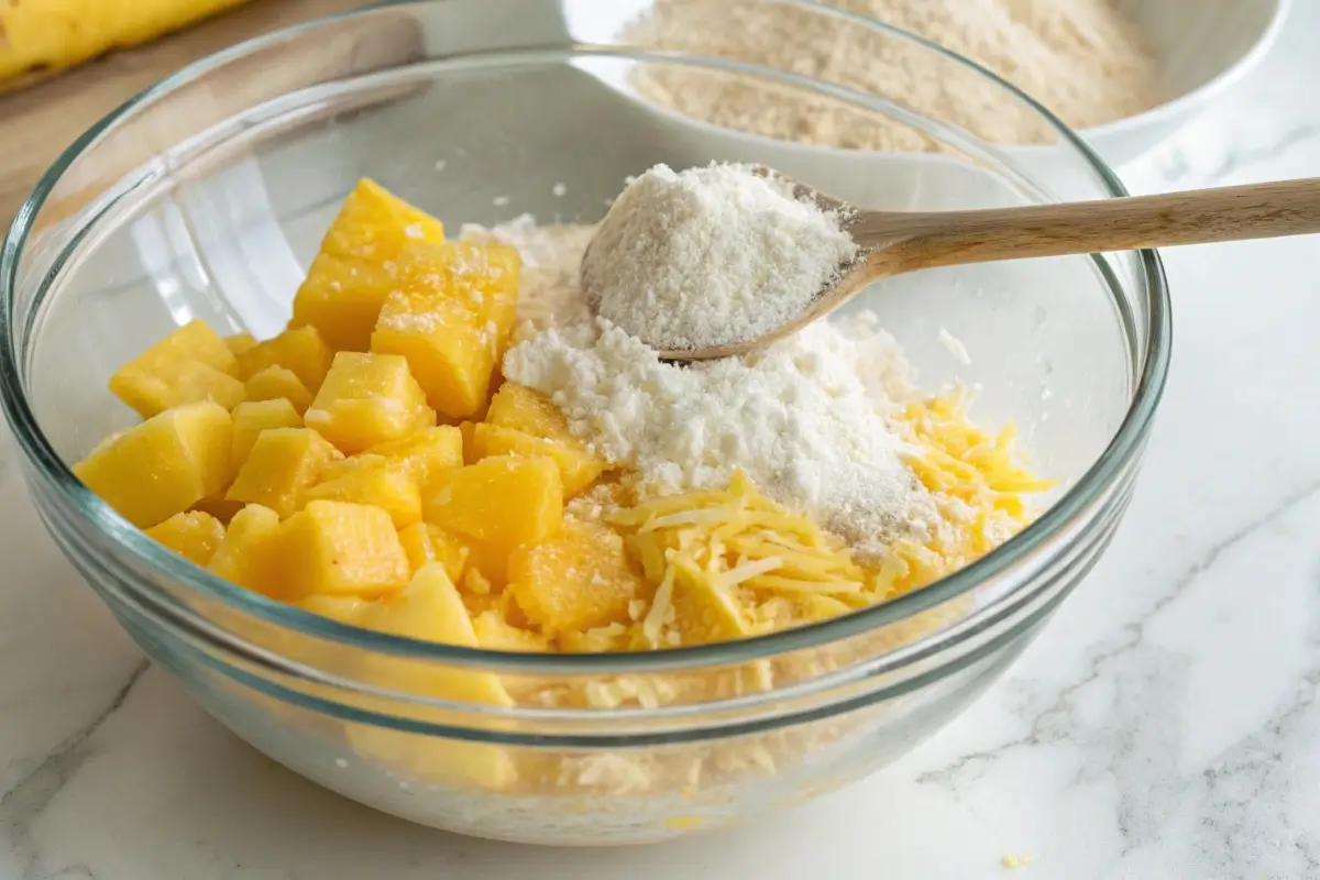 Mixing pineapple chunks, shredded cheddar cheese, and flour in a glass bowl for pineapple casserole.