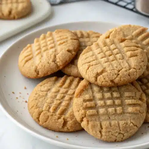 A plate of freshly baked almond flour peanut butter cookies with a classic crisscross pattern.