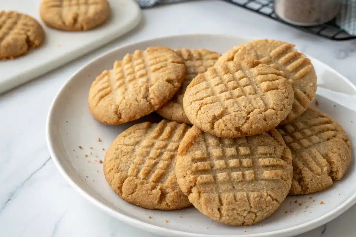 A plate of freshly baked almond flour peanut butter cookies with a classic crisscross pattern.