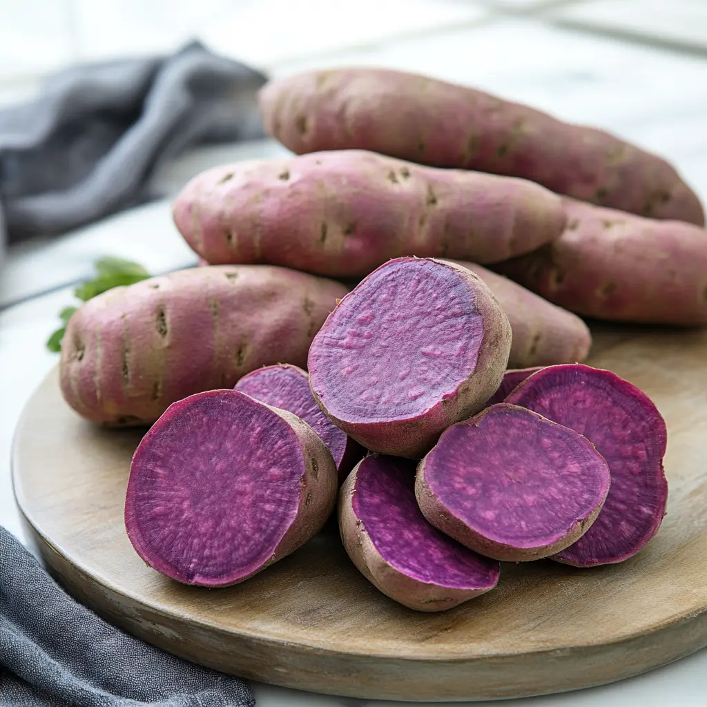 Purple sweet potatoes on a wooden cutting board, sliced open to reveal their deep purple flesh.