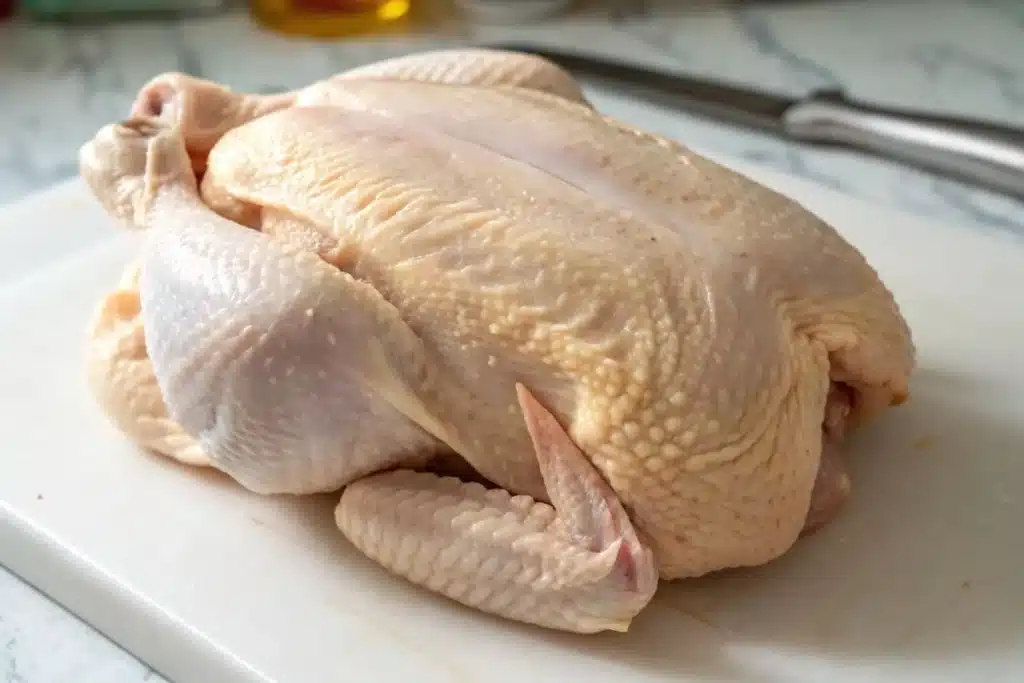 fire roasted chicken. Raw whole chicken placed on a white cutting board, ready for preparation