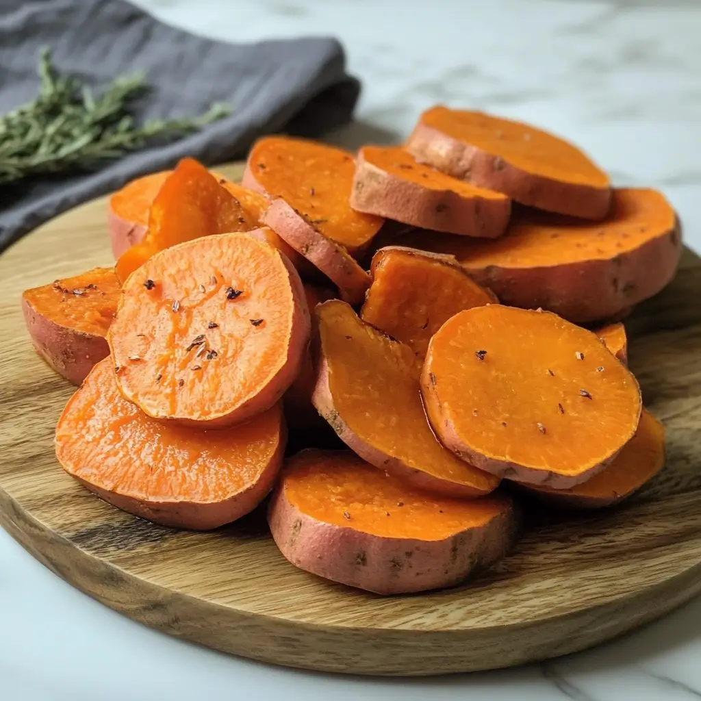 Roasted orange sweet potato slices on a wooden cutting board, lightly seasoned with herbs.