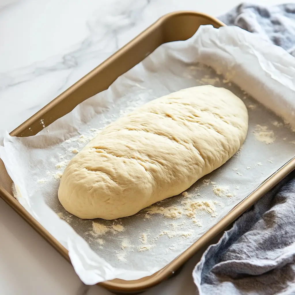 Homemade Italian bread dough into a round loaf on a floured surface.