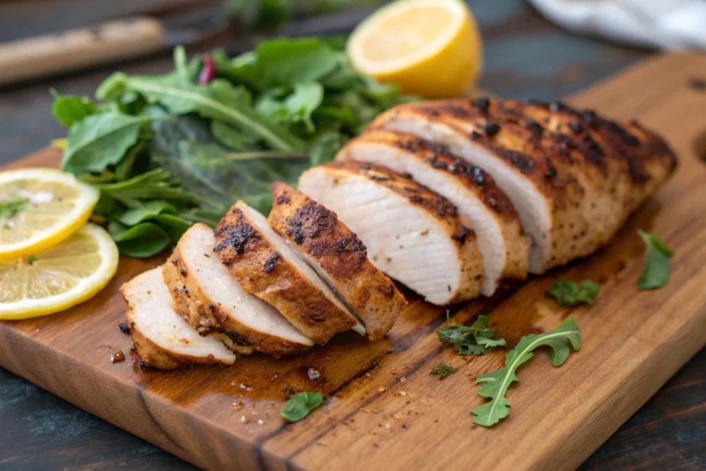 Sliced fire roasted chicken breast on a wooden cutting board with fresh greens and lemon slices.