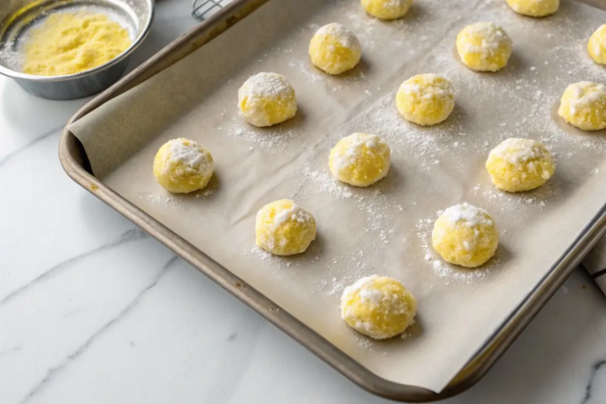 Lemon cake mix cookie dough balls evenly spaced on a baking sheet