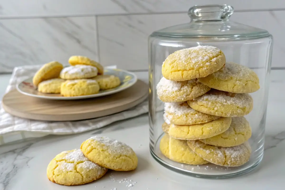 Storing lemon cake mix cookies in an airtight container to keep them fresh