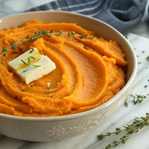 Creamy sweet potato puree topped with butter and fresh thyme in a decorative bowl.