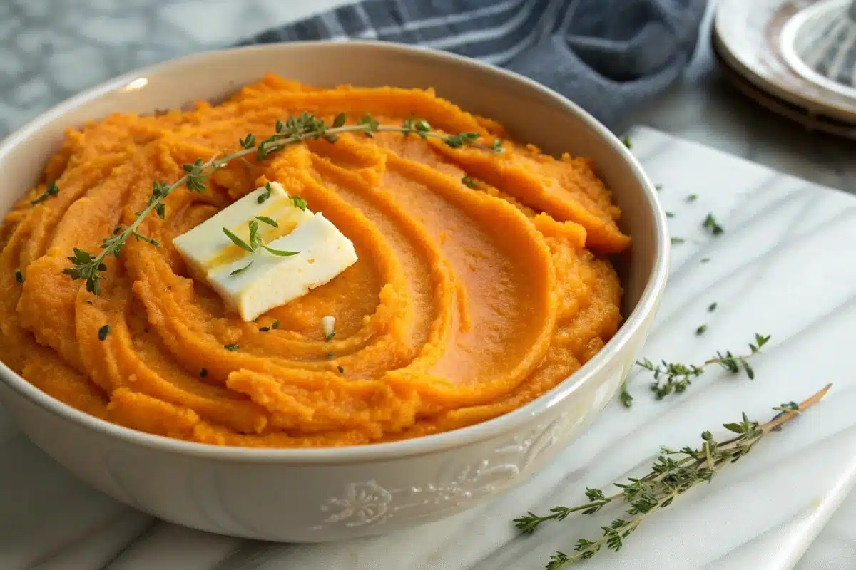 Creamy sweet potato puree topped with butter and fresh thyme in a decorative bowl.