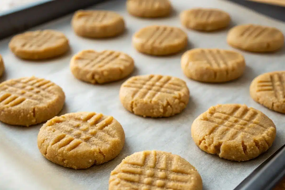 Unbaked almond flour peanut butter cookies on a parchment-lined baking sheet, ready to go into the oven.