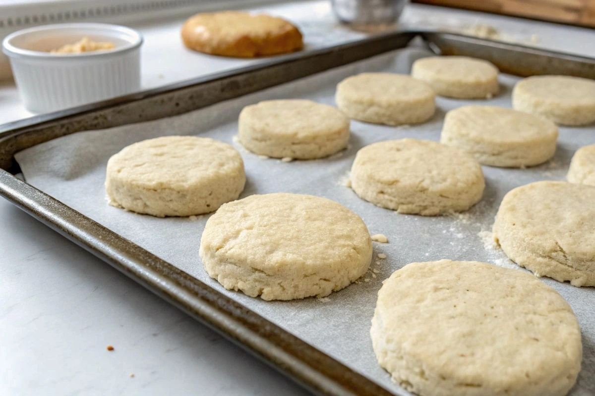 Unbaked biscuits on a parchment-lined baking sheet ready for the oven