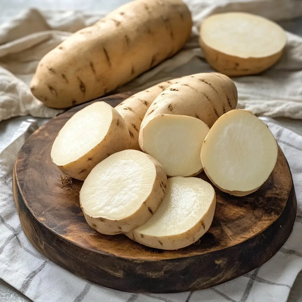 White sweet potatoes on a wooden cutting board, sliced to reveal their creamy interior.