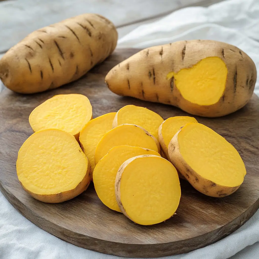  Yellow sweet potatoes on a wooden cutting board, sliced open to reveal their golden-yellow flesh.