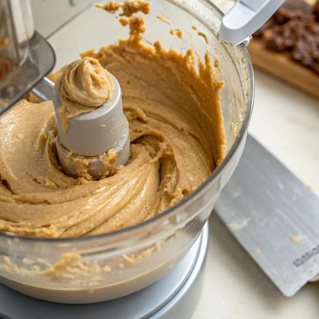 Creamy homemade peanut butter being blended in a food processor on a white marble worktop.