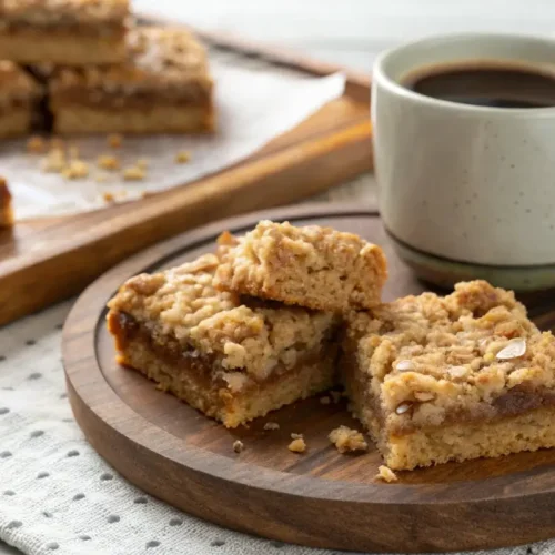 Freshly baked coffee cake oatmeal bars with a crumbly streusel topping.