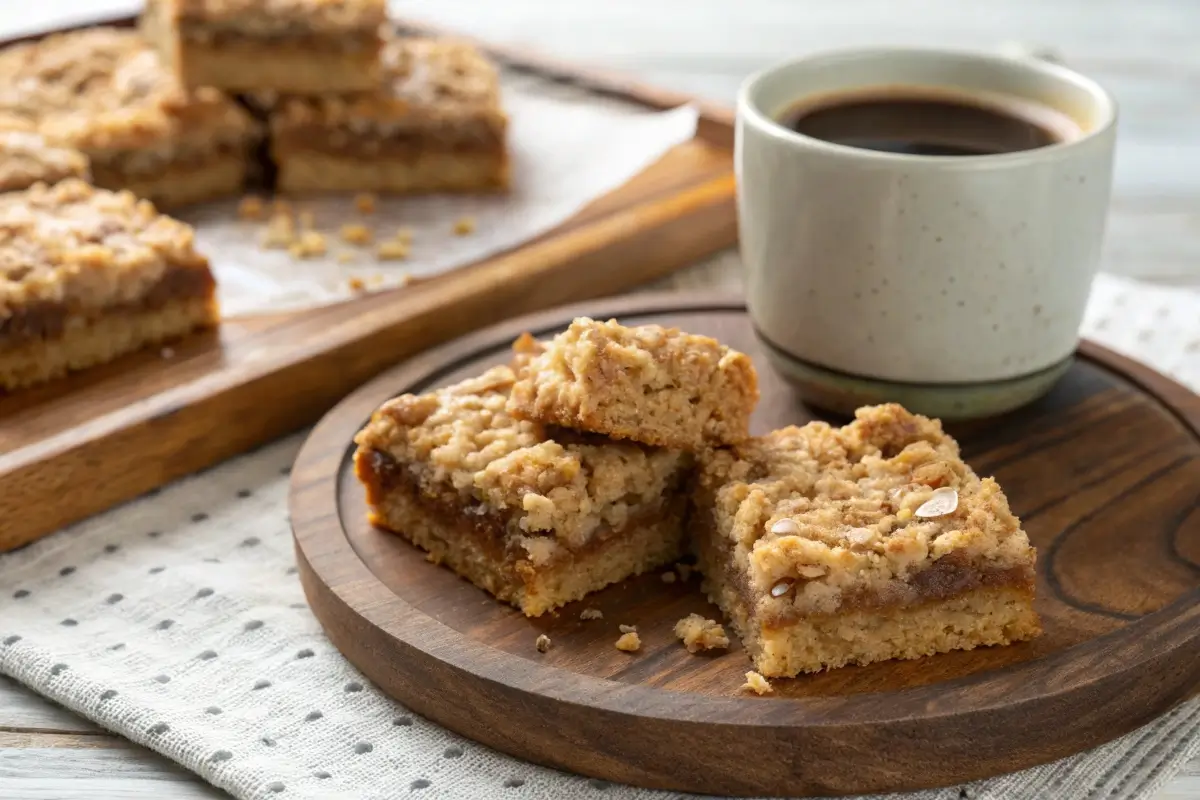 Freshly baked coffee cake oatmeal bars with a crumbly streusel topping.