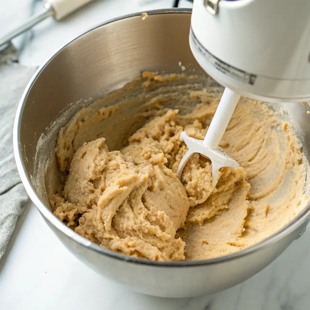 A stainless steel mixing bowl filled with creamy cookie dough being mixed with a stand mixer paddle attachment.