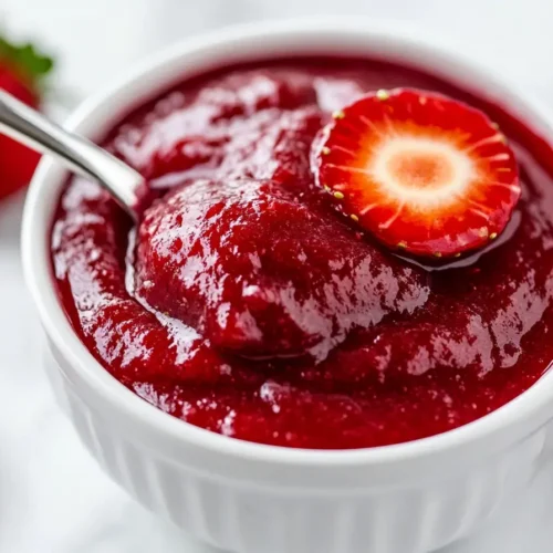 Fresh homemade strawberry puree in a white bowl with a spoon, garnished with a sliced strawberry.