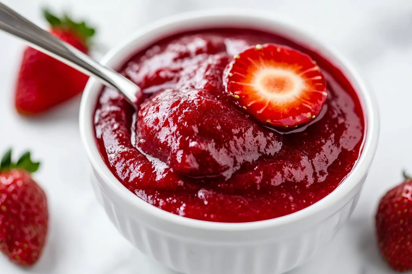 Fresh homemade strawberry puree in a white bowl with a spoon, garnished with a sliced strawberry.