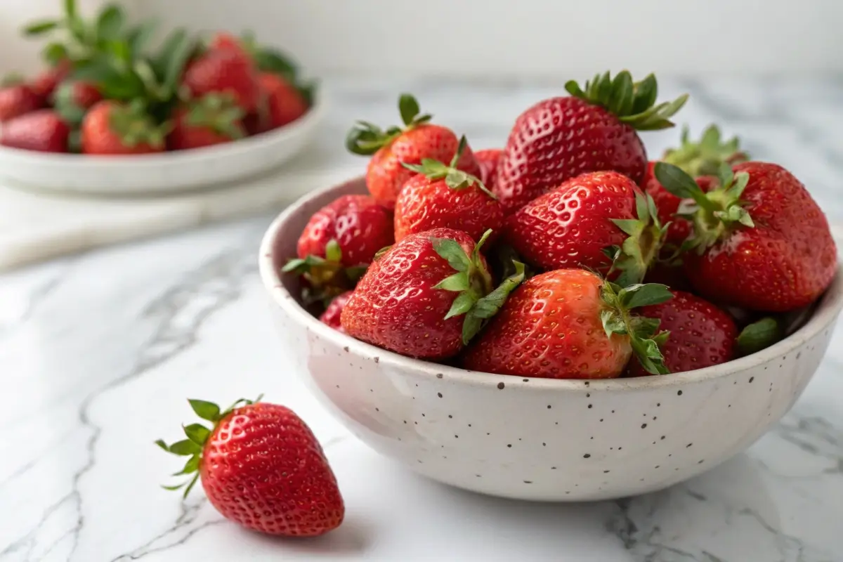 Fresh ripe strawberries in a ceramic bowl on a marble countertop.