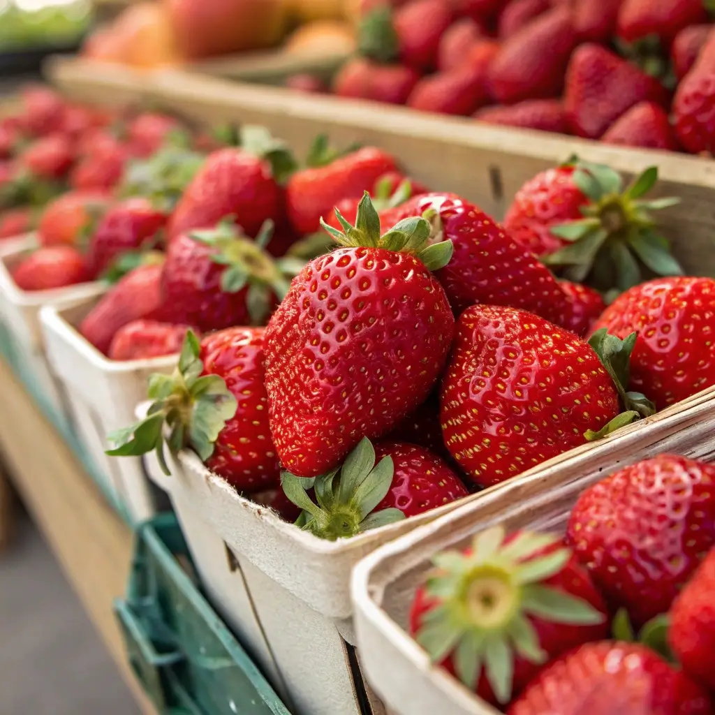 Fresh ripe strawberries in cartons at a farmers' market.