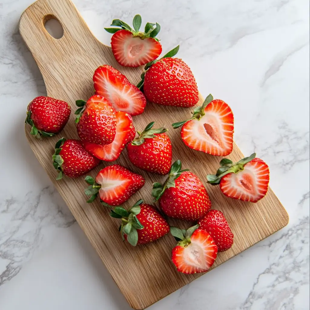 Fresh ripe strawberries, whole and halved, on a wooden cutting board, ready for use.