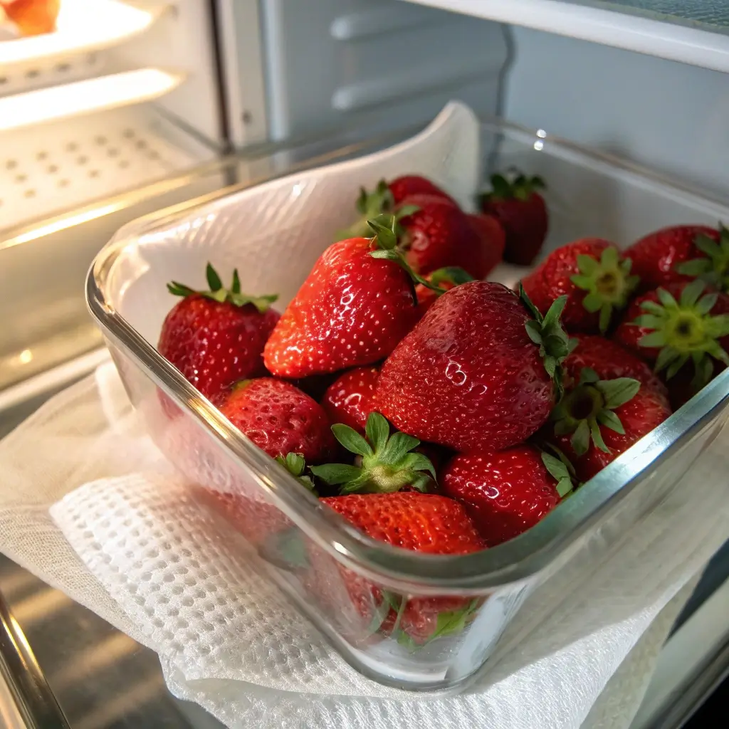 Fresh strawberries stored in a glass container inside a refrigerator.