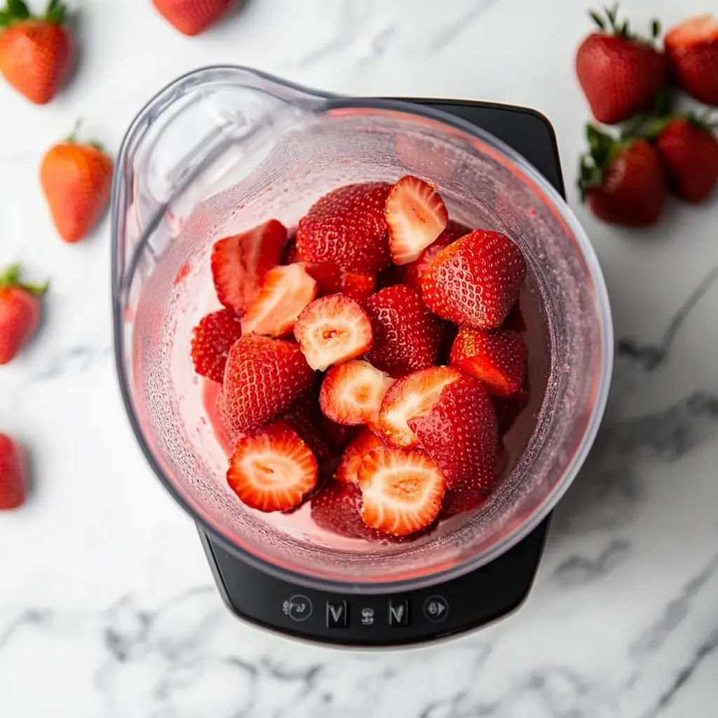 Fresh strawberries in a blender, ready to be pureed into a smooth strawberry sauce.