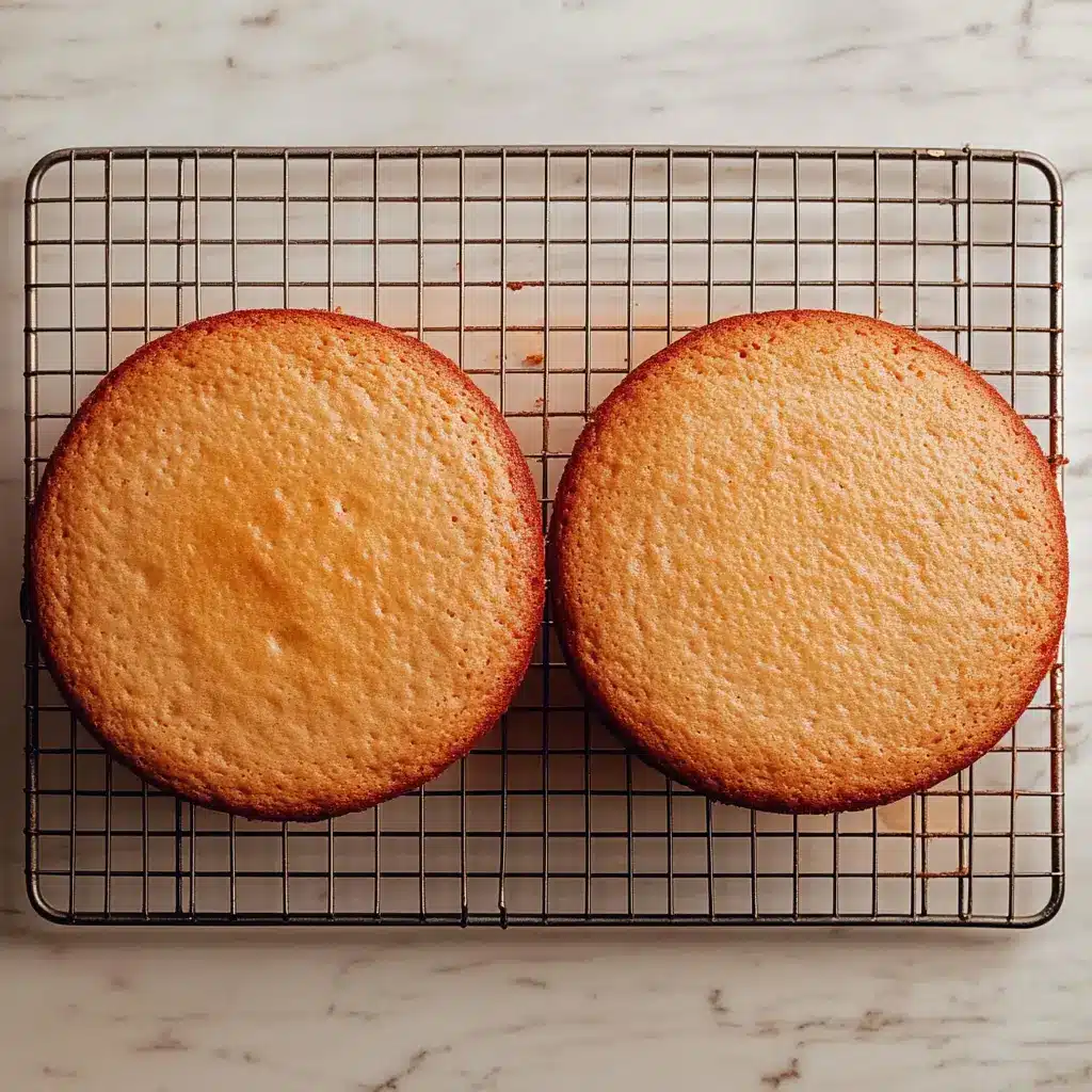 Two freshly baked strawberry cake layers cooling on a wire rack.