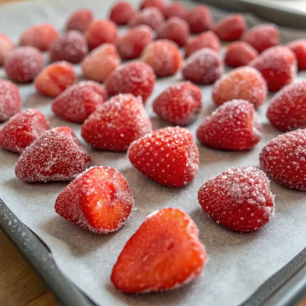 Frozen strawberries on a parchment-lined baking sheet.