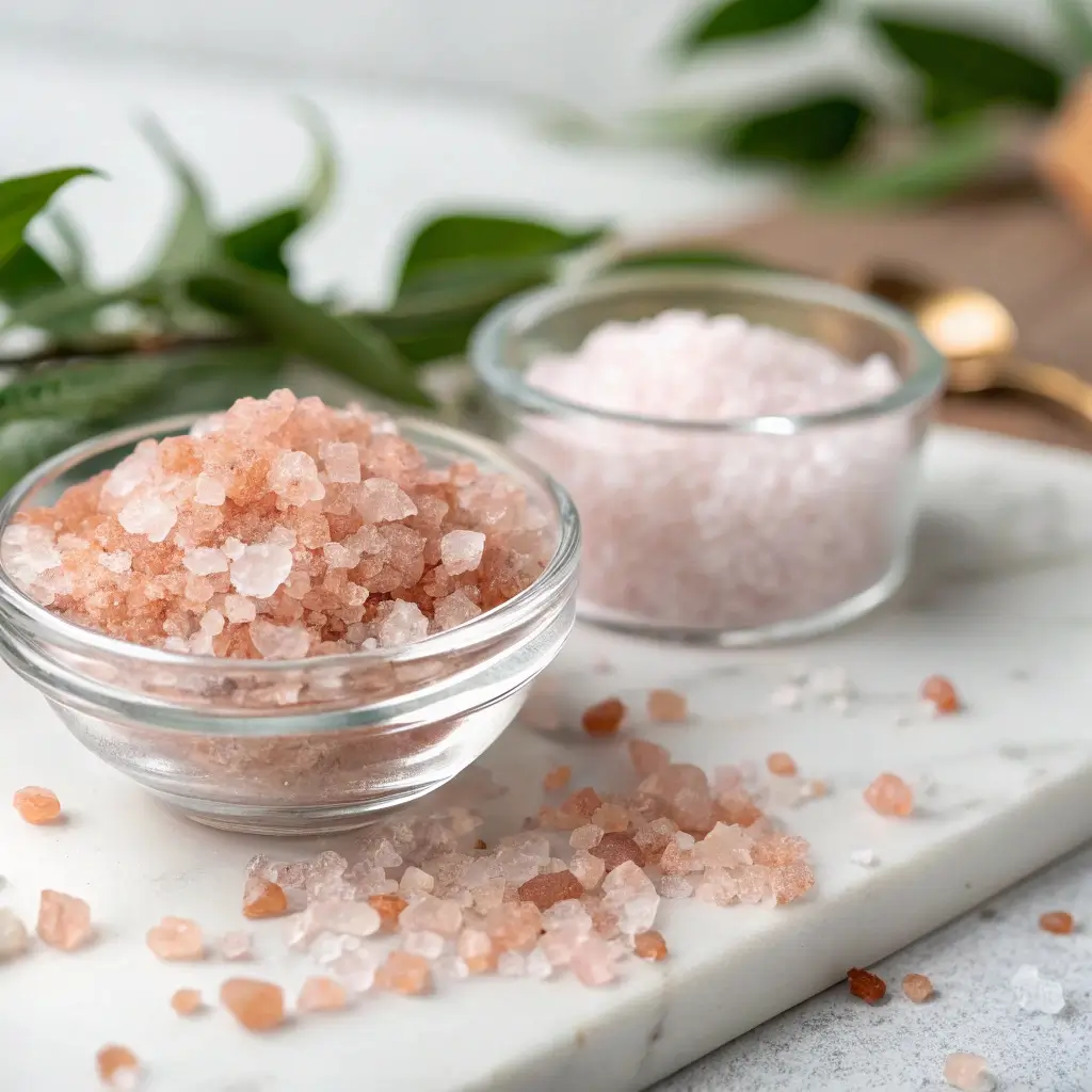 Coarse and fine pink Himalayan salt in glass bowls on a marble surface with green leaves in the background