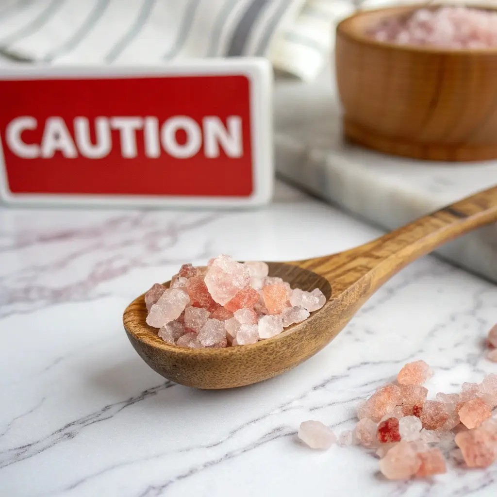 Himalayan salt crystals in a wooden spoon with a red caution sign in the background