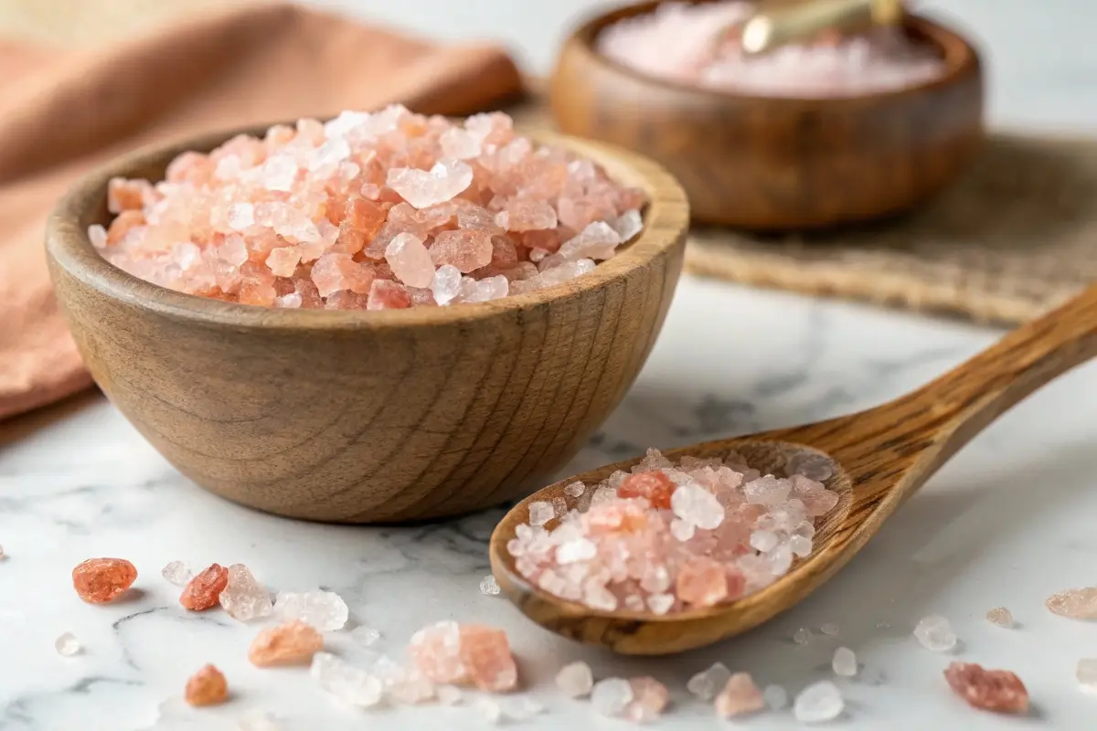 Coarse pink Himalayan salt in a wooden bowl with a wooden spoon. PINK SALT